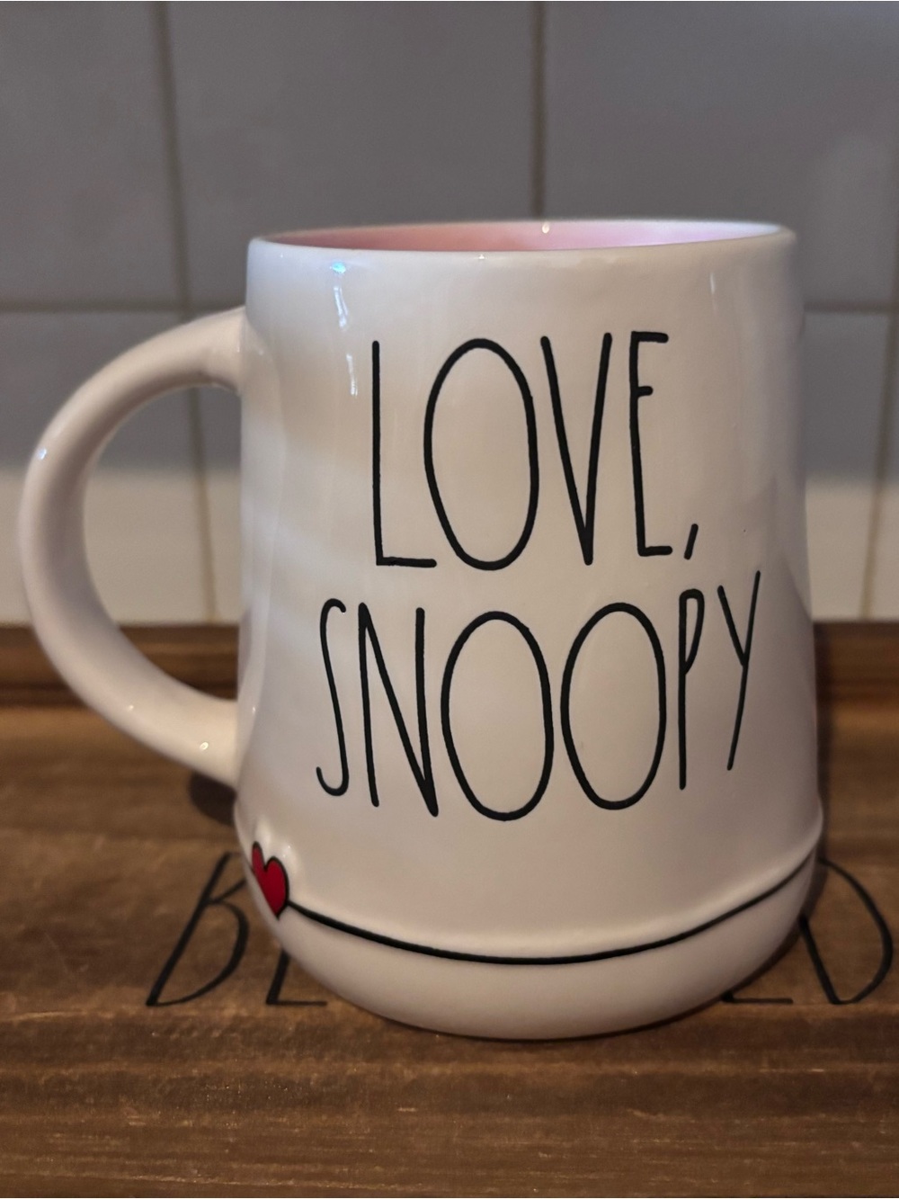 Rae Dunn "Love, Snoopy" White Mug with Pink Interior and Red Heart